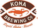 Kona brewing company written in white letters all capitals with a arched brown background with a bronze lizards in between the two lines of text