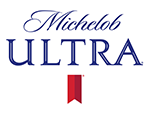 michelob (in italics) ultra (in all capital letters) both in a dark blue text with a red vertical ribbon below the text
