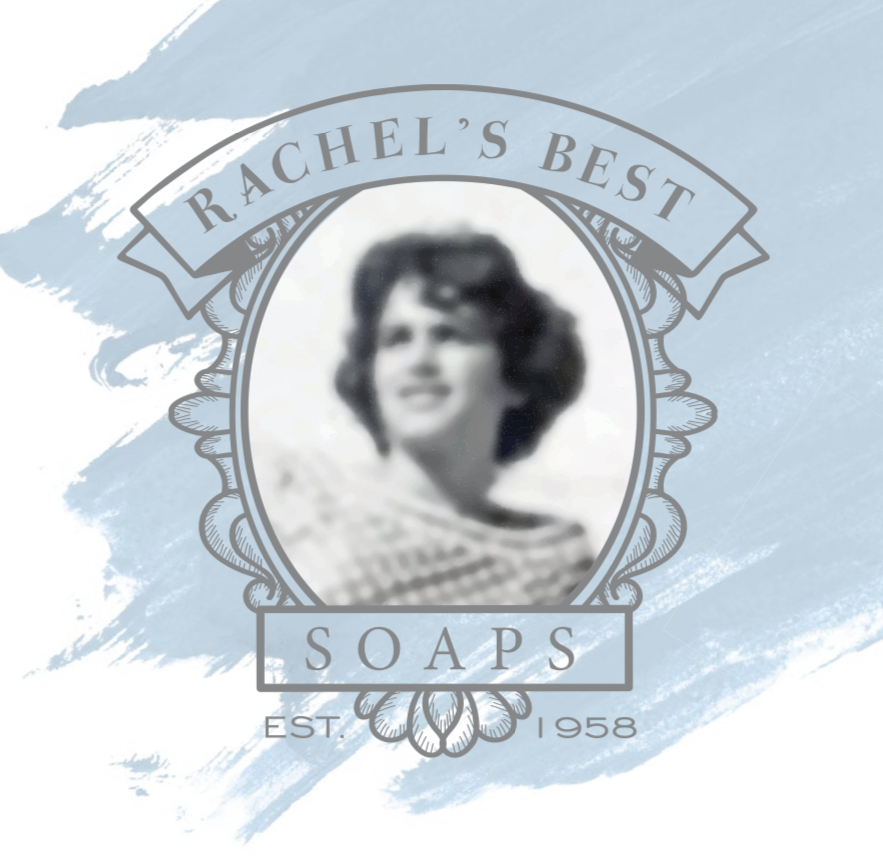 rahcels best soaps with a painted partial blue background the other part is white with an old fashioned portrait of a woman in the middle