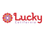 Lucky california in red lettering against a white background with a red mandalian flower to the left